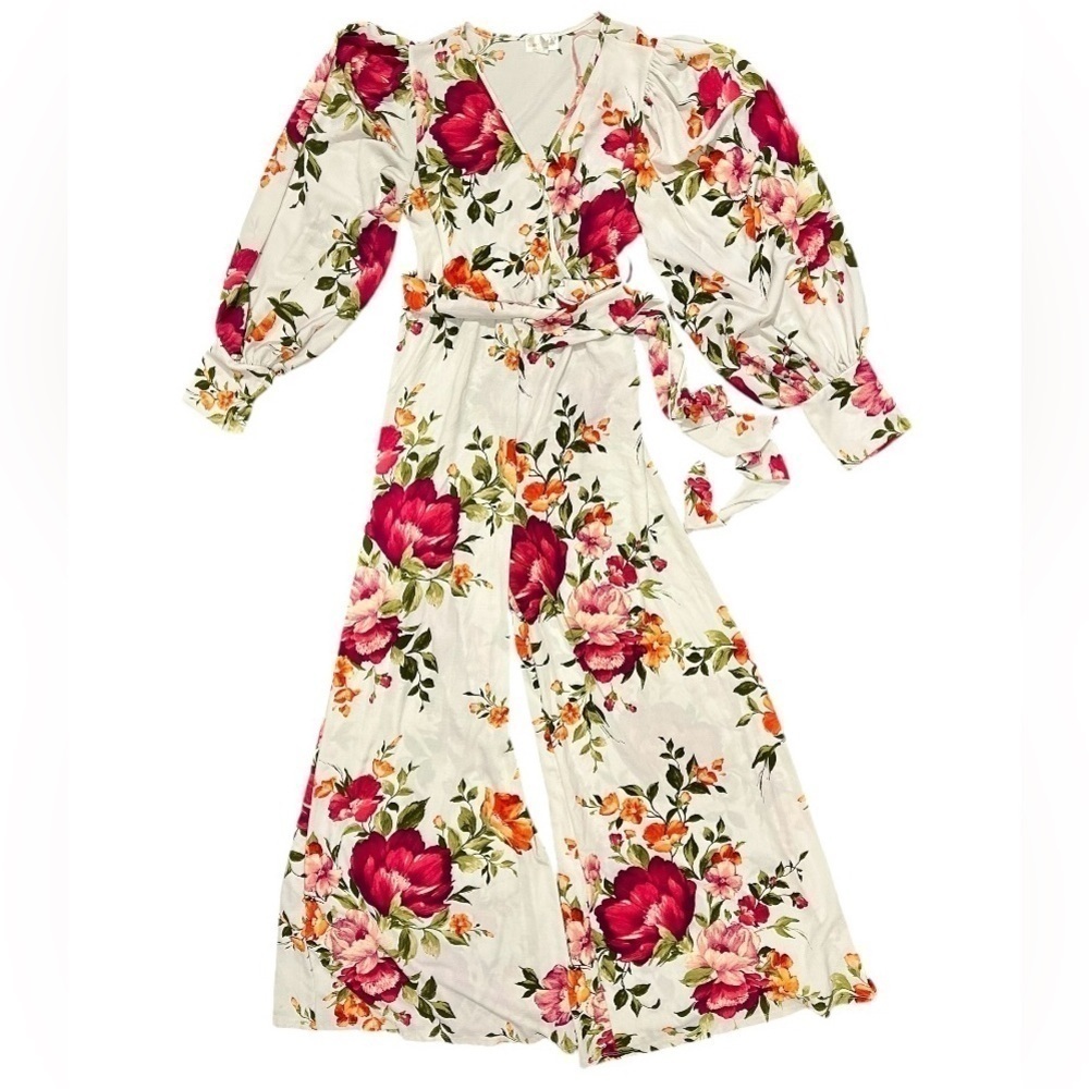 Karen T Design JUMPSUIT Floral Boho Cottagecore Balloon Sleeves Wide Leg XL